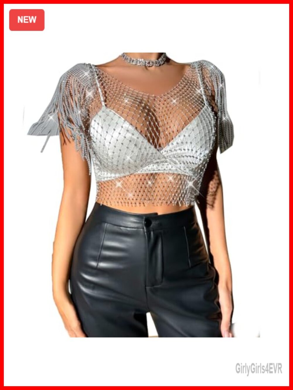 Rhinestone Fishnet Crop Tank Top Sheer Mesh Fringe Bikini Cover Up Body Chain